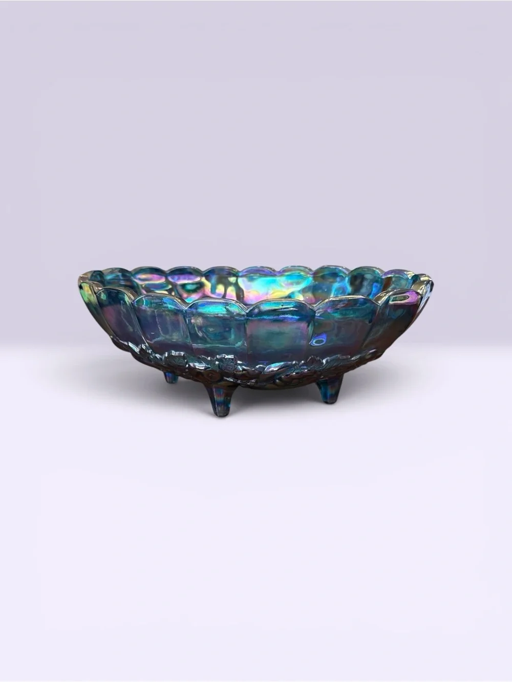 Vintage Indiana Glass Blue Carnival Glass Harvest Grape Footed Oval Bowl